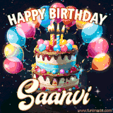 Bright birthday animation for Saanvi with a chocolate cake, candles, balloons, and glowing celebratory lights.