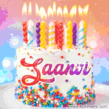 A cheerful white birthday cake with multicolor sprinkles, lit candles, and 'Saanvi' written in vibrant letters, in an animated GIF.
