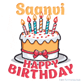 Cartoon birthday cake with a red bow, glowing candles, and 'Saanvi Happy Birthday' text in bold animated style.