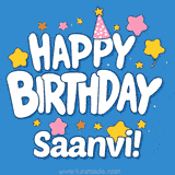 Colorful animated birthday card with the text 'HAPPY BIRTHDAY Saanvi!' in a white playful font surrounded by stars, hearts, and a party hat on a blue background.