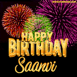 A golden 'Happy Birthday Saanvi' message with vibrant fireworks in the background, creating a festive and celebratory vibe in this animated name GIF.