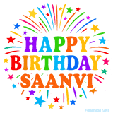 Happy Birthday Saanvi' GIF with rainbow-colored letters, colorful stars, and fireworks on white background.