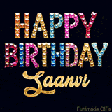 Vibrant luxury birthday greeting card for Saanvi, showing glittering gemstone letters and golden calligraphy on a dark background with twinkling shine effects.