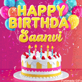 Pink-themed animated greeting with balloons, confetti, and a frosted cake under the message 'Happy Birthday Saanvi' in bold rounded yellow font.