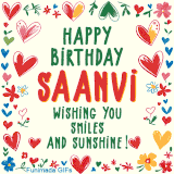 A colorful animated card for Saanvi’s birthday featuring playful hearts, cheerful flowers, and a handwritten message wishing smiles and sunshine.