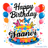 An animated birthday card for Saanvi. It features a festive cake with her name, 'Saanvi', and colorful butterflies. Floating balloons and hearts complete the joyful scene.