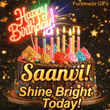 Shimmering gold star particles and neon bokeh lights surrounding a chocolate birthday cake personalized for Saanvi.