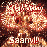 Spectacular golden fireworks exploding in the night sky behind a bundle of red and gold metallic balloons personalized for Saanvi.