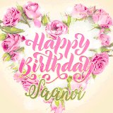A stunning heart made of pink roses surrounds the elegant script text 'Happy Birthday Saanvi' on a soft beige background. Animated sparkles add a magical and festive feel.