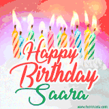 Bright birthday candles with rainbow flames on a cake, alongside the text 'Happy Birthday Saara' in vibrant script in this celebratory animated GIF.