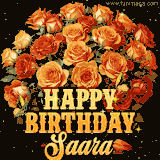 Animated bouquet of orange roses with moving butterfles and golden 'Happy Birthday Saara' text, surrounded by sparkling accents and a dark backdrop for a luxurious feel.