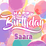 A vibrant name GIF featuring colorful balloons in shades of pink, orange, and yellow with the bold text 'Happy Birthday Saara' in festive fonts, creating a lively birthday vibe.