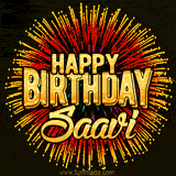 Golden 'Happy Birthday Saavi' text accompanied by animated rainbow fireworks for a festive animated greeting.