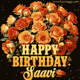 Animated bouquet of orange roses with moving butterfles and golden 'Happy Birthday Saavi' text, surrounded by sparkling accents and a dark backdrop for a luxurious feel.