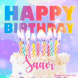 A vibrant animated name GIF with the words 'Happy Birthday Saavi' with colorful candles on a creamy cake. The background sparkles with pastel shades, adding a festive touch.