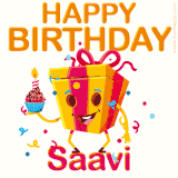 A vibrant and funny gift box character with a happy face dancing with a cupcake and the text 'Happy Birthday Saavi,' surrounded by animated confetti and party vibes.