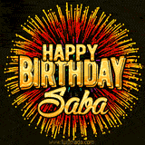 Golden 'Happy Birthday Saba' text accompanied by animated rainbow fireworks for a festive animated greeting.