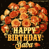 Animated bouquet of orange roses with moving butterfles and golden 'Happy Birthday Saba' text, surrounded by sparkling accents and a dark backdrop for a luxurious feel.