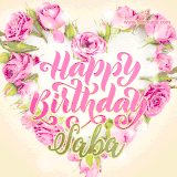 A stunning heart made of pink roses surrounds the elegant script text 'Happy Birthday Saba' on a soft beige background. Animated sparkles add a magical and festive feel.