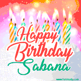 Bright birthday candles with rainbow flames on a cake, alongside the text 'Happy Birthday Sabana' in vibrant script in this celebratory animated GIF.
