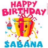 A vibrant and funny gift box character with a happy face dancing with a cupcake and the text 'Happy Birthday Sabana,' surrounded by animated confetti and party vibes.