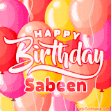 A vibrant name GIF featuring colorful balloons in shades of pink, orange, and yellow with the bold text 'Happy Birthday Sabeen' in festive fonts, creating a lively birthday vibe.