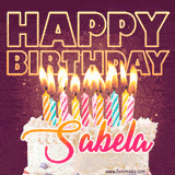 A colorful birthday cake topped with lit candles, with the words 'Happy Birthday Sabela' in bold glowing letters on a burgundy background. Animated flames add a festive touch.