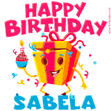A vibrant and funny gift box character with a happy face dancing with a cupcake and the text 'Happy Birthday Sabela,' surrounded by animated confetti and party vibes.