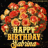Animated bouquet of orange roses with moving butterfles and golden 'Happy Birthday Sabrina' text, surrounded by sparkling accents and a dark backdrop for a luxurious feel.