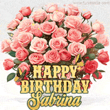 Golden 'Happy Birthday Sabrina' text beneath a vibrant bouquet of orange roses, complete with glittering butterflies and sparkling details.