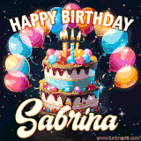 Bright birthday animation for Sabrina with a chocolate cake, candles, balloons, and glowing celebratory lights.