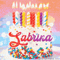 Personalized for Sabrina elegant birthday cake adorned with rainbow sprinkles, colorful candles and glitter