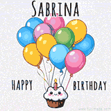 An adorable and cute cupcake with a smiley face and moving colorful balloons create a joyful birthday greeting for Sabrina in this cheerful animated greeting E-card.