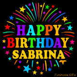 Personalized greeting card with name, colorful text that says 'Happy Birthday Sabrina' surrounded by animated fireworks and multicolor stars