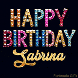 Vibrant luxury birthday greeting card for Sabrina, showing glittering gemstone letters and golden calligraphy on a dark background with twinkling shine effects.
