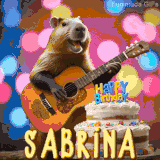 Animated birthday GIF showing a capybara playing guitar and singing beside a birthday cake with the name Sabrina in large letters and colorful bokeh lights in the background.