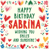 A colorful animated card for Sabrina’s birthday featuring playful hearts, cheerful flowers, and a handwritten message wishing smiles and sunshine.