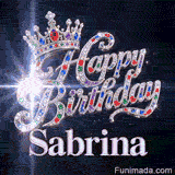 A customized birthday GIF for Sabrina featuring a silver crown under a glittering sky filled with light bursts.