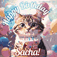 Happy birthday gif for Sacha with cat and cake