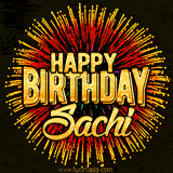 Golden 'Happy Birthday Sachi' text accompanied by animated rainbow fireworks for a festive animated greeting.