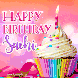 A vibrant birthday GIF featuring a rainbow-colored cupcake topped with white frosting, sprinkles, and a lit candle. The text reads 'Happy Birthday Sachi' in bold pink and violet letters with white outline.