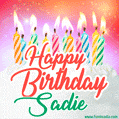 Happy Birthday GIF for Sadie with Birthday Cake and Lit Candles