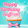 Happy Birthday Saffron! Elegang Sparkling Cupcake GIF Image.
