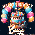 Hand-drawn happy birthday cake adorned with an arch of colorful balloons - name GIF for Sage