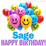 An animated birthday-themed name GIF with colorful smiling balloons and bold 'Sage, Happy Birthday!' text for a celebratory touch.