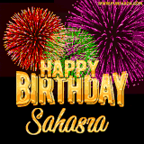 A golden 'Happy Birthday Sahasra' message with vibrant fireworks in the background, creating a festive and celebratory vibe in this animated name GIF.