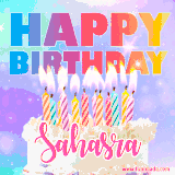 A vibrant animated name GIF with the words 'Happy Birthday Sahasra' with colorful candles on a creamy cake. The background sparkles with pastel shades, adding a festive touch.