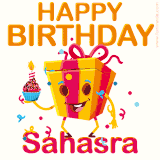 A vibrant and funny gift box character with a happy face dancing with a cupcake and the text 'Happy Birthday Sahasra,' surrounded by animated confetti and party vibes.