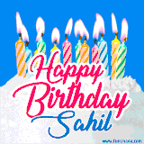 A cheerful animated GIF featuring colorful lit birthday candles on a white cake, with the text 'Happy Birthday Sahil' in bold red and blue script on a bright blue background.