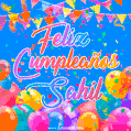 A vibrant animated GIF with 'Feliz Cumpleaños Sahil' written in colorful script, surrounded by balloons, confetti, and bunting on a bright blue background.
